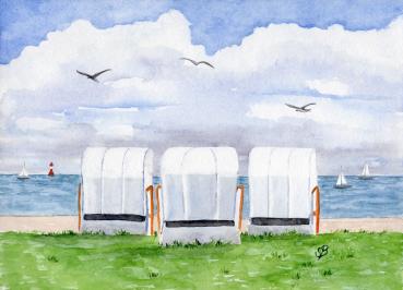 Poster DIN-A4 Aquarell Maritim Kunst Druck Kunstdruck Nordsee Wilhelmshaven Strandkorb Strand Jadebusen